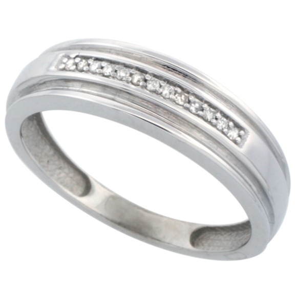 6mm 10k White Gold Men Diamond Wedding Band Ring